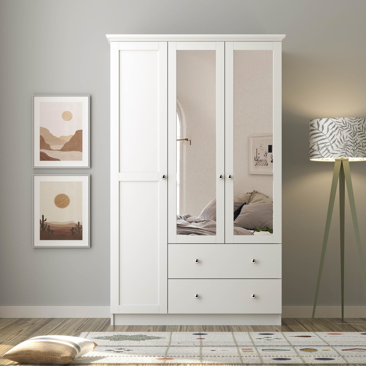Zenio Side 3 Kapak 2 Çekmece Aynalı Gardırop - Beyaz