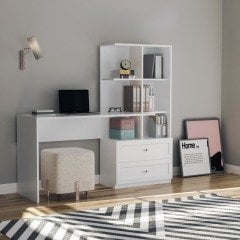 Zenio Side Çalışma Masası Kitaplıklı Çekmeceli Beyaz
