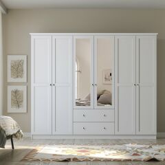 Zenio Side 6 Kapak 2 Çekmece Aynalı Gardırop Beyaz - 210 cm