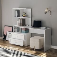Zenio Side Çalışma Masası Çekmeceli Beyaz Kitaplıklı Sol