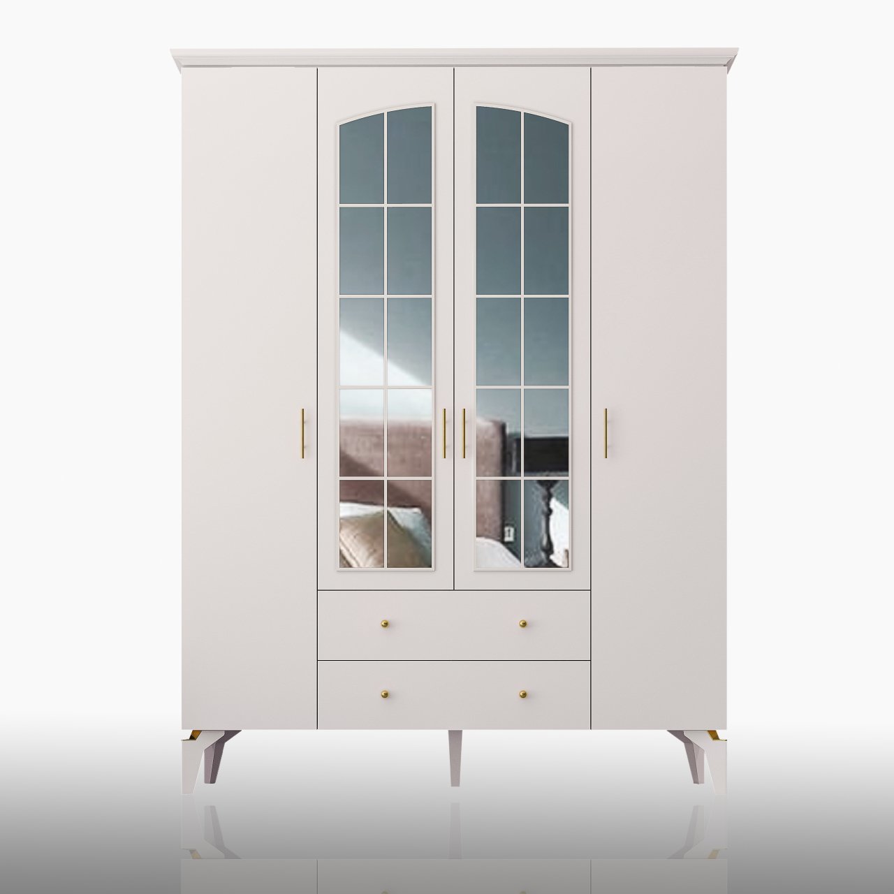 Zenio Rose Plus 4 Kapak 2 Çekmeceli Yüksek Ayaklı Aynalı Gardırop Beyaz