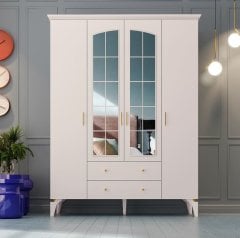 Zenio Rose Plus 4 Kapak 2 Çekmeceli Yüksek Ayaklı Aynalı Gardırop Beyaz