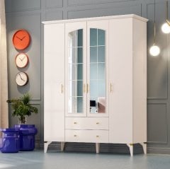 Zenio Rose Plus 4 Kapak 2 Çekmeceli Yüksek Ayaklı Aynalı Gardırop Beyaz
