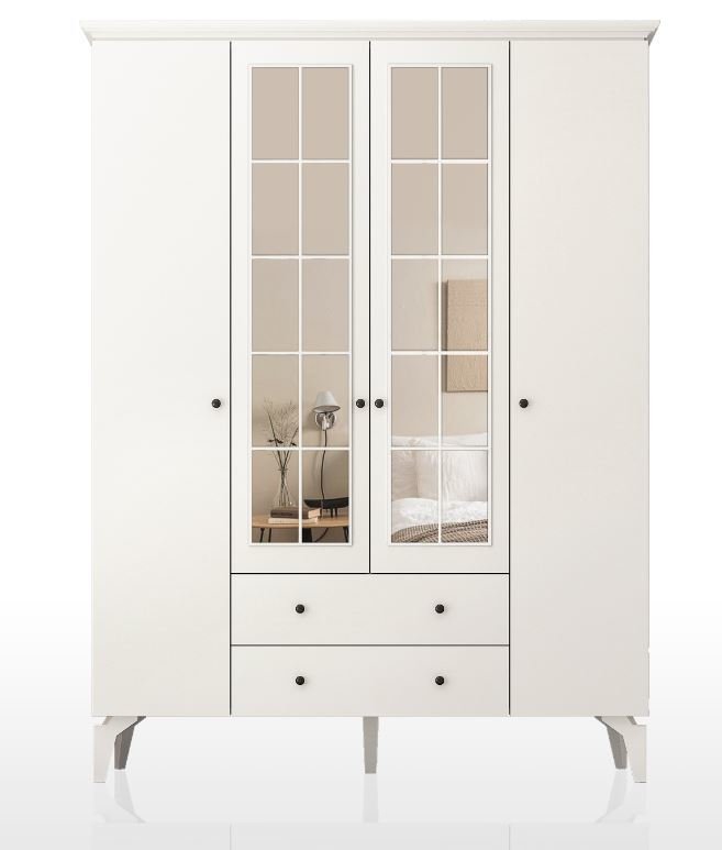 Zenio Patara Plus 4 Kapak 2 Çekmeceli Yüksek Ayaklı Aynalı Gardırop Beyaz
