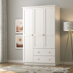 Zenio Side 3 Kapak 2 Çekmece Gardırop - Beyaz(Ahşap Kulp)