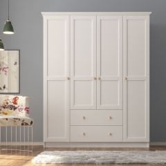 Zenio Side 4 Kapak 2 Çekmece Gardırop - Beyaz(Ahşap Kulp)