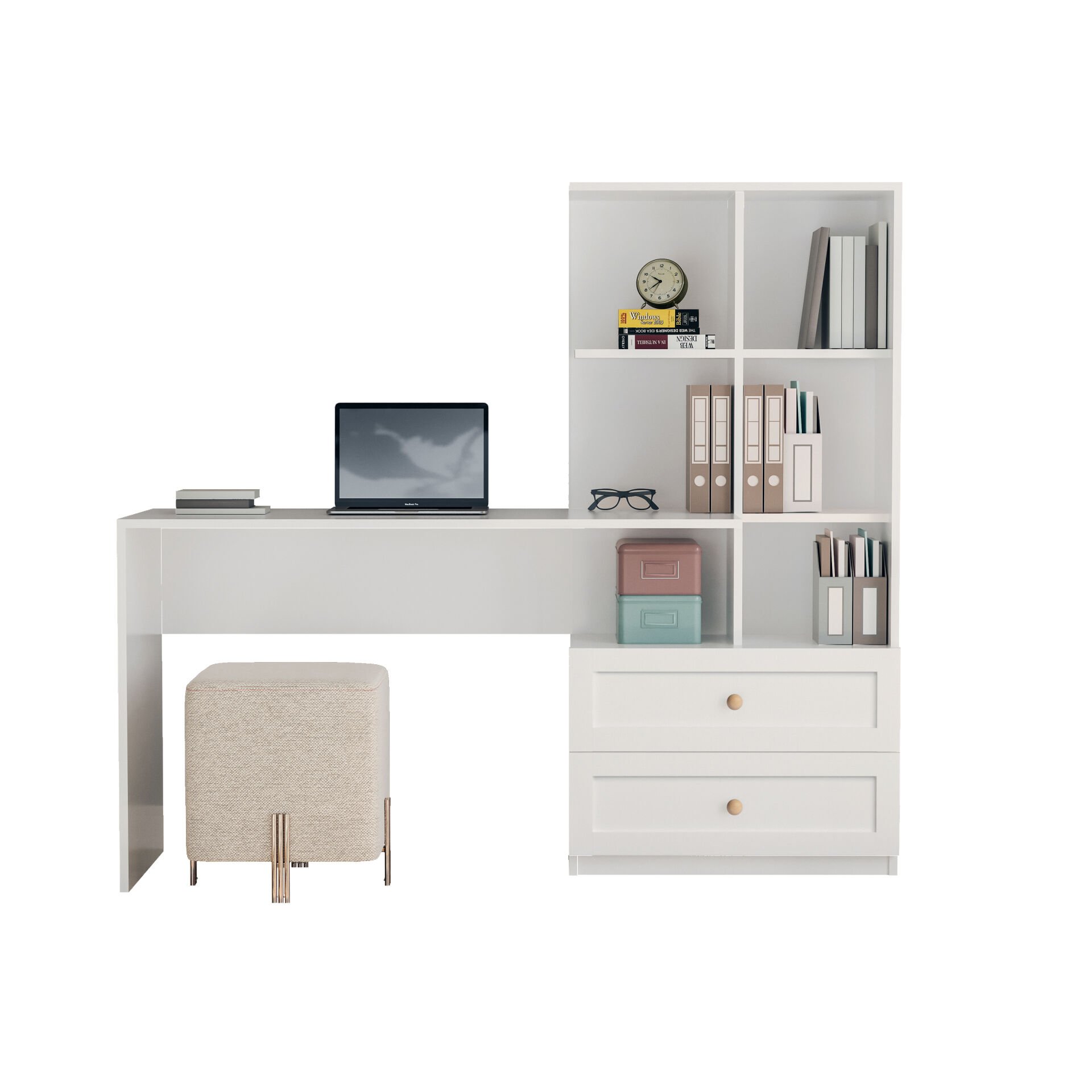 Zenio Side Çalışma Masası Kitaplıklı Çekmeceli Beyaz(Ahşap Kulp)