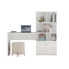 Zenio Side Çalışma Masası Kitaplıklı Çekmeceli Beyaz(Ahşap Kulp)