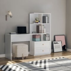 Zenio Side Çalışma Masası Kitaplıklı Çekmeceli Beyaz(Ahşap Kulp)