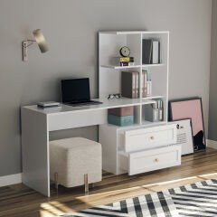 Zenio Side Çalışma Masası Kitaplıklı Çekmeceli Beyaz(Ahşap Kulp)