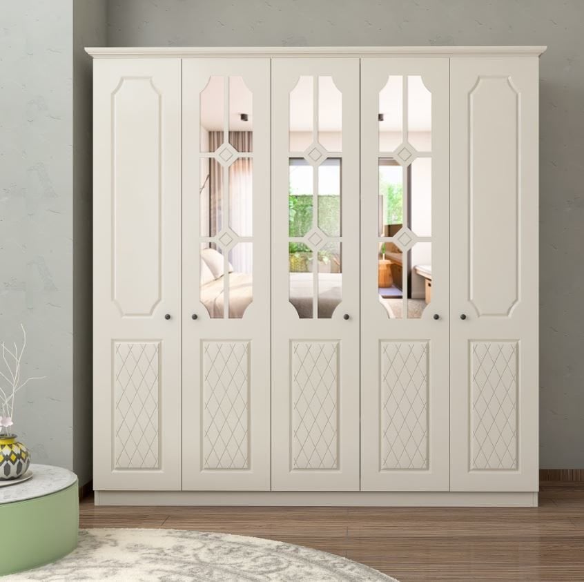 Aspendos 5 Kapaklı Aynalı Gardırop Beyaz 210 cm